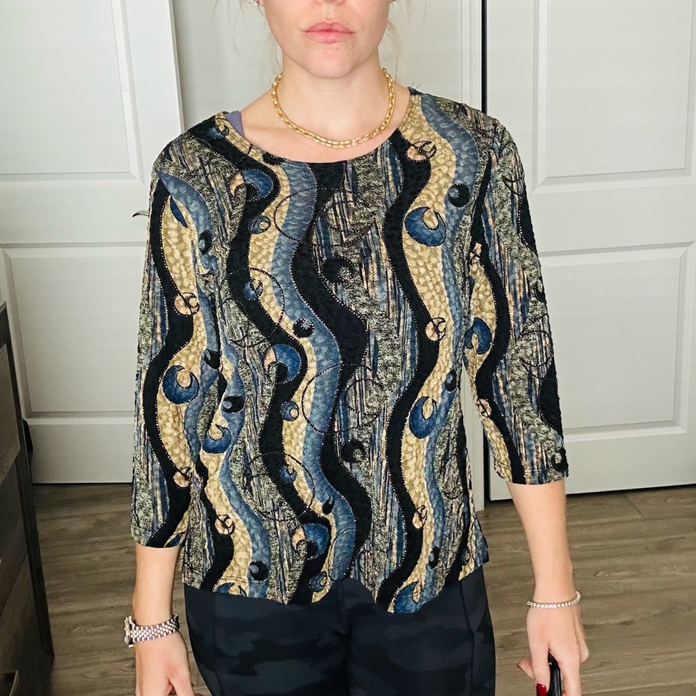 Notations Black and Blue Patterned Women's Blouse